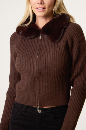 Fur Collar Zip Through Ribbed Cardigan