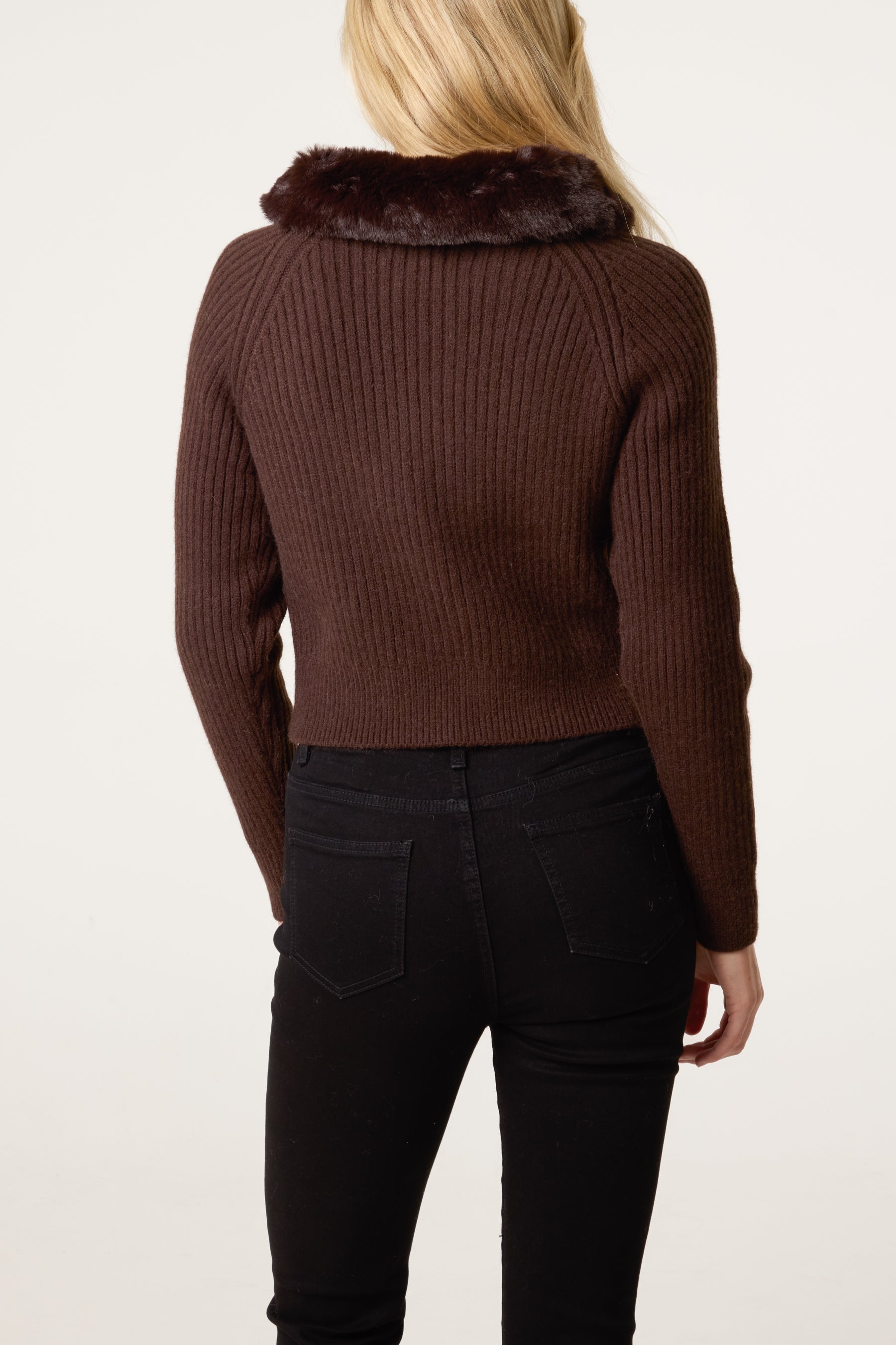 Fur Collar Zip Through Ribbed Cardigan