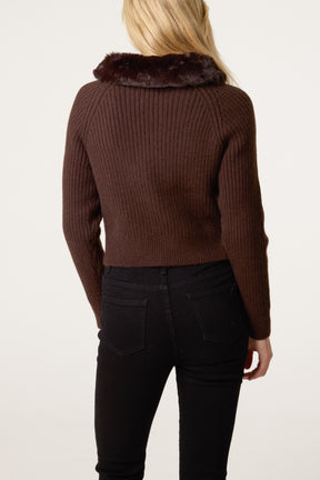 Fur Collar Zip Through Ribbed Cardigan