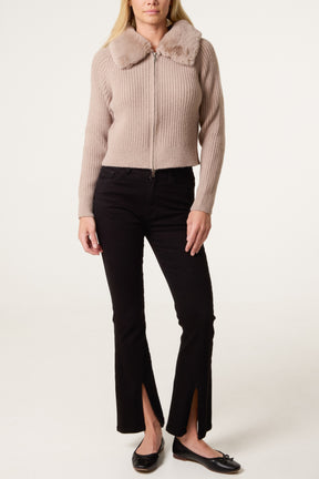 Fur Collar Zip Through Ribbed Cardigan