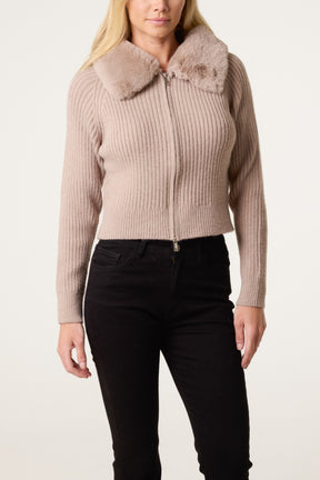 Fur Collar Zip Through Ribbed Cardigan