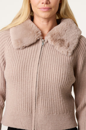Fur Collar Zip Through Ribbed Cardigan