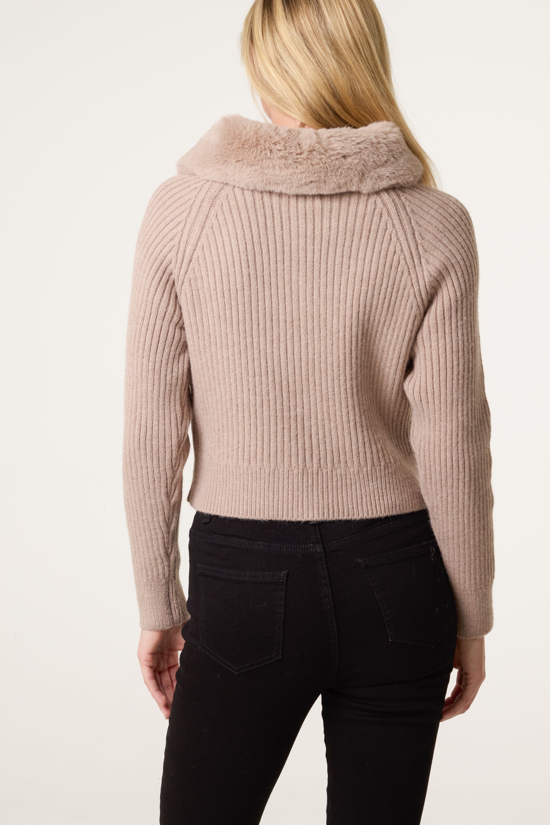 Fur Collar Zip Through Ribbed Cardigan