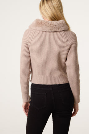 Fur Collar Zip Through Ribbed Cardigan