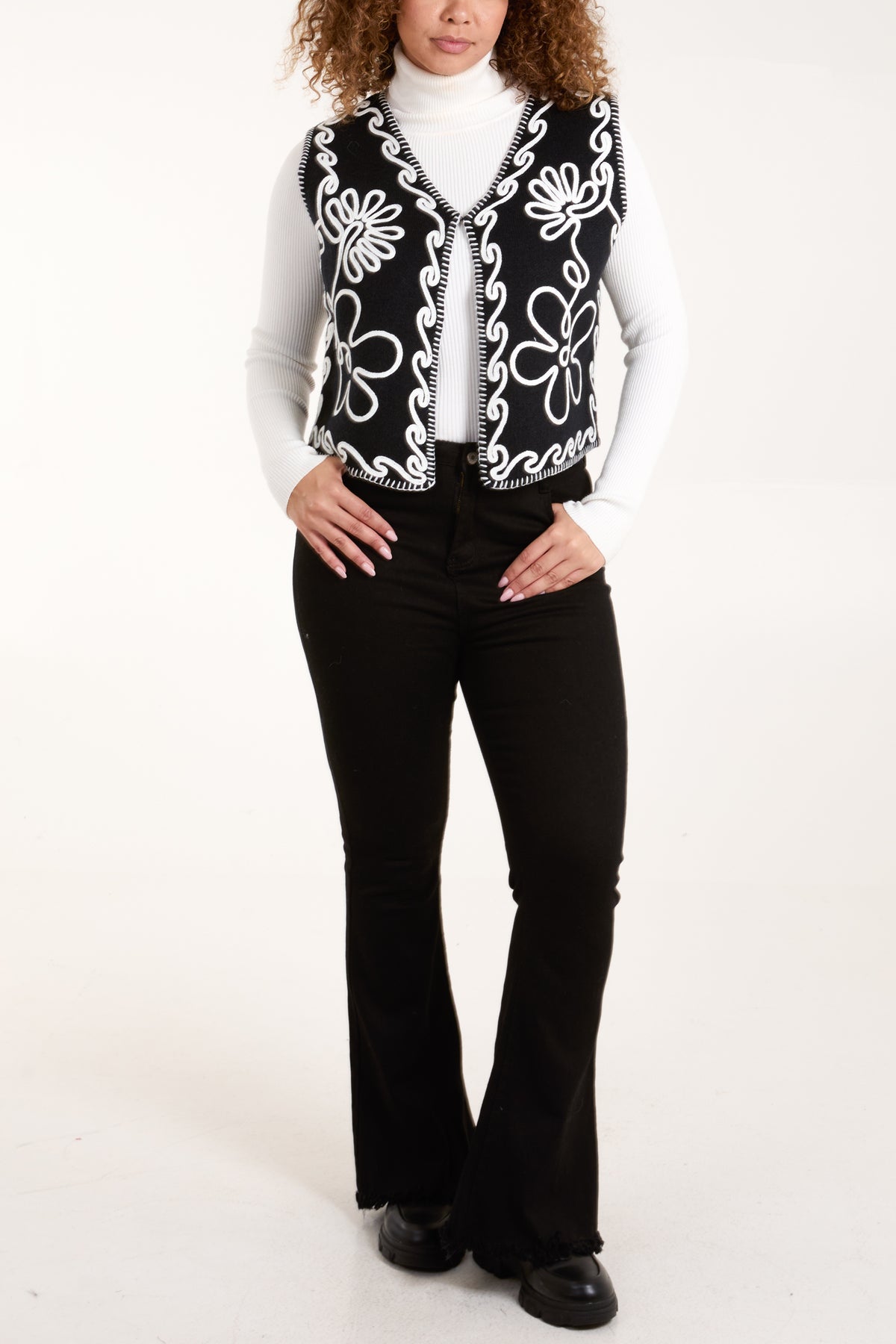 Abstract Flower Embroidered Contrast Stitch Waistcoat