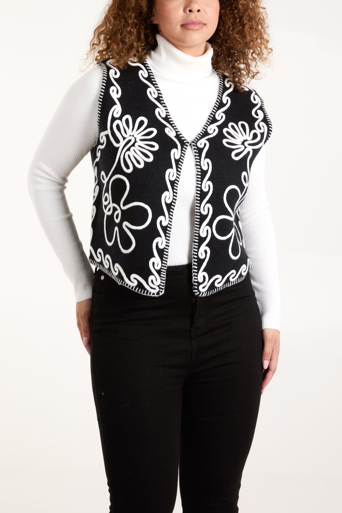 Abstract Flower Embroidered Contrast Stitch Waistcoat