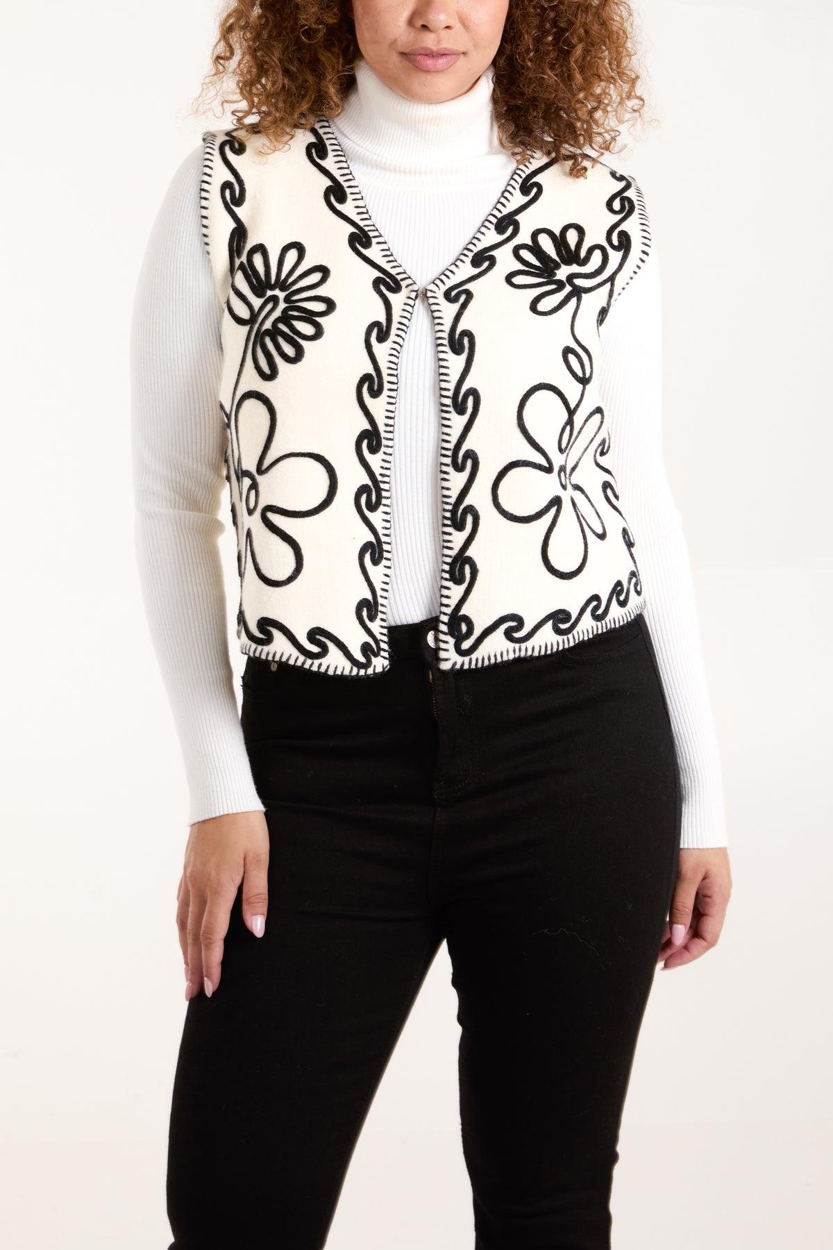 Abstract Flower Embroidered Contrast Stitch Waistcoat