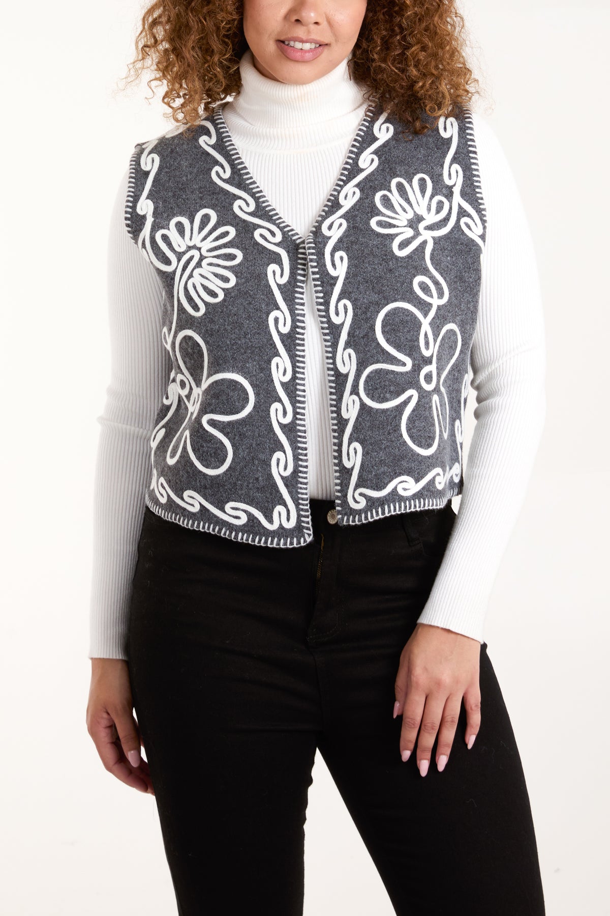 Abstract Flower Embroidered Contrast Stitch Waistcoat