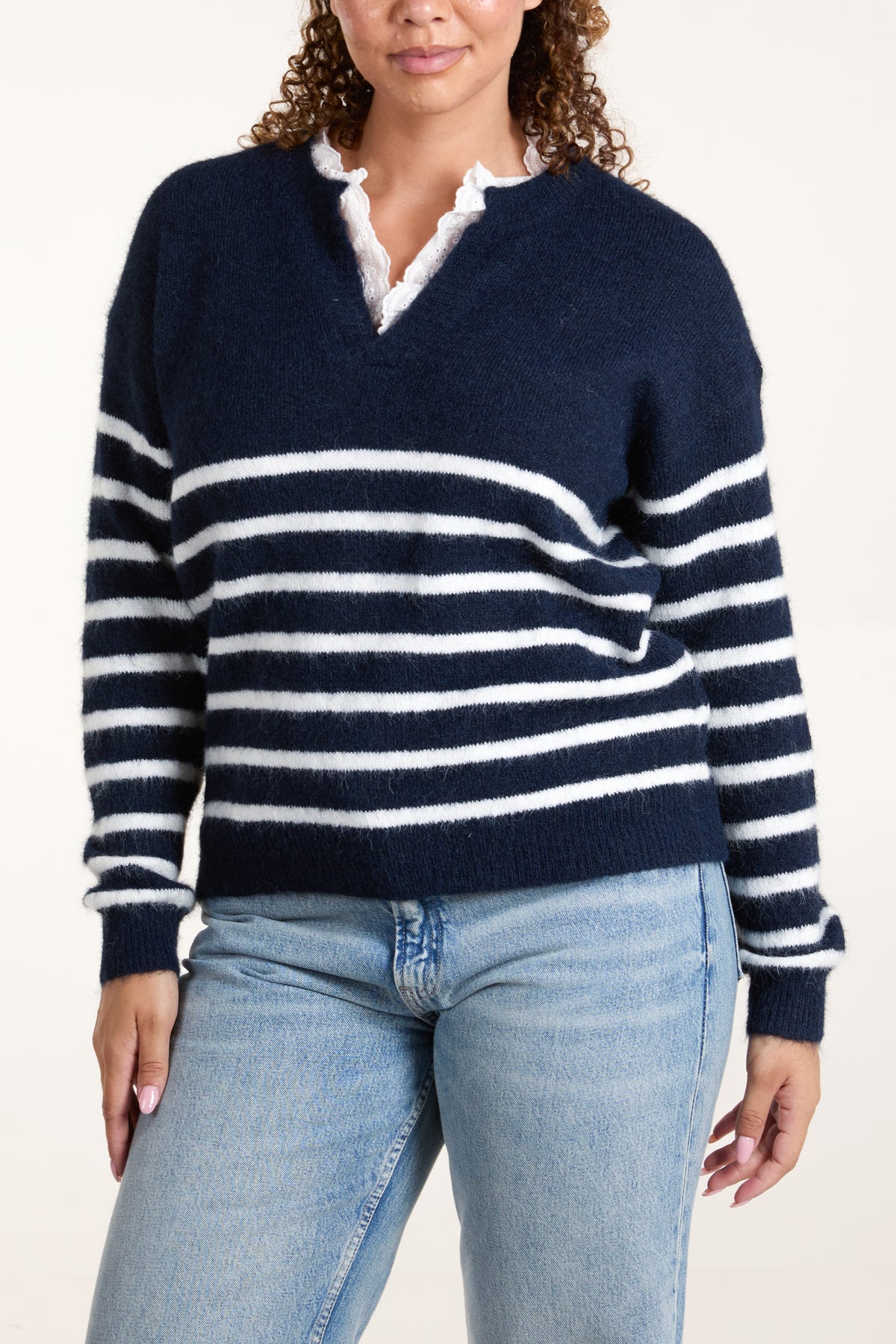 Stripe Contrast Broderie Anglaise Collar Jumper