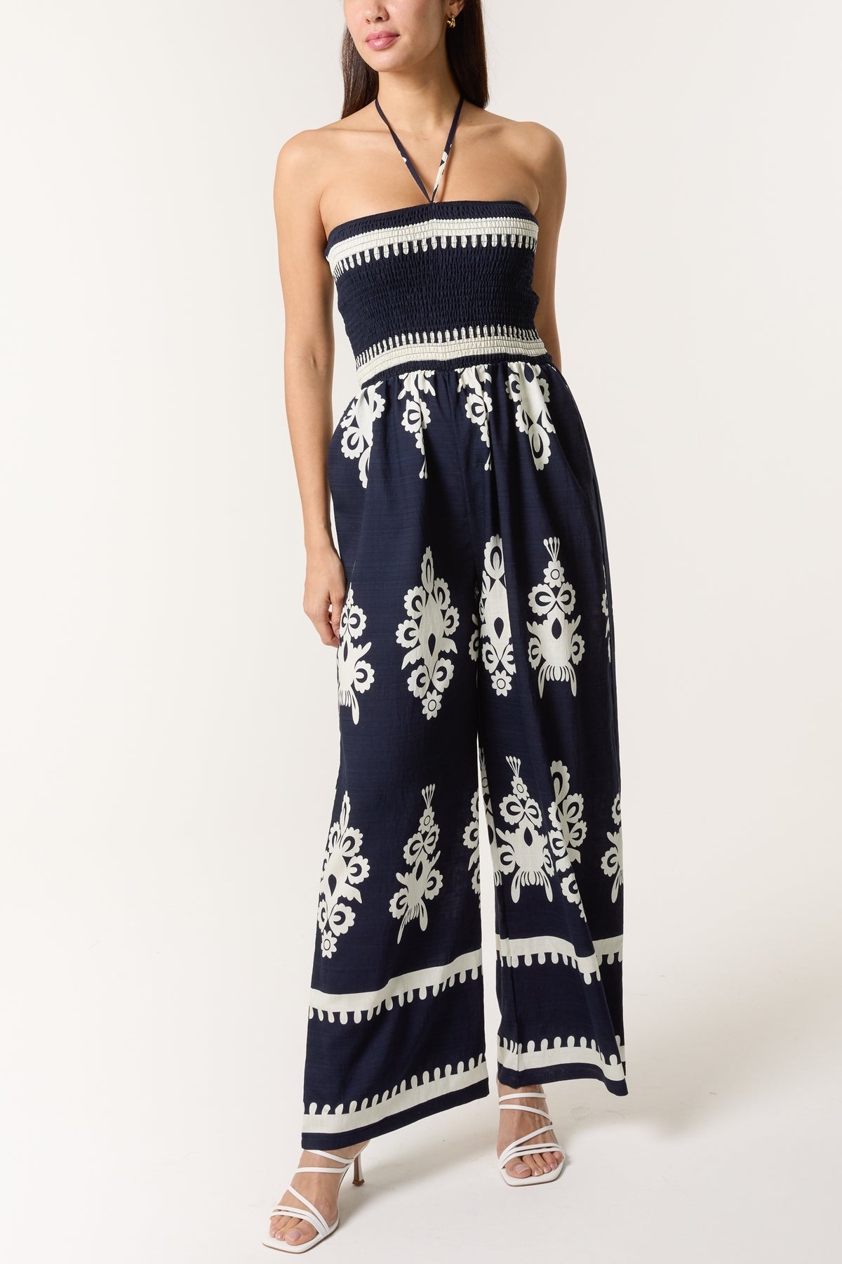 Shirred Bodice Halterneck Printed Jumpsuit