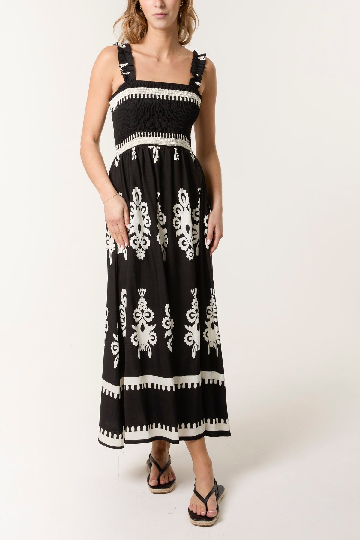 Printed Shirred Bodice Maxi Dress