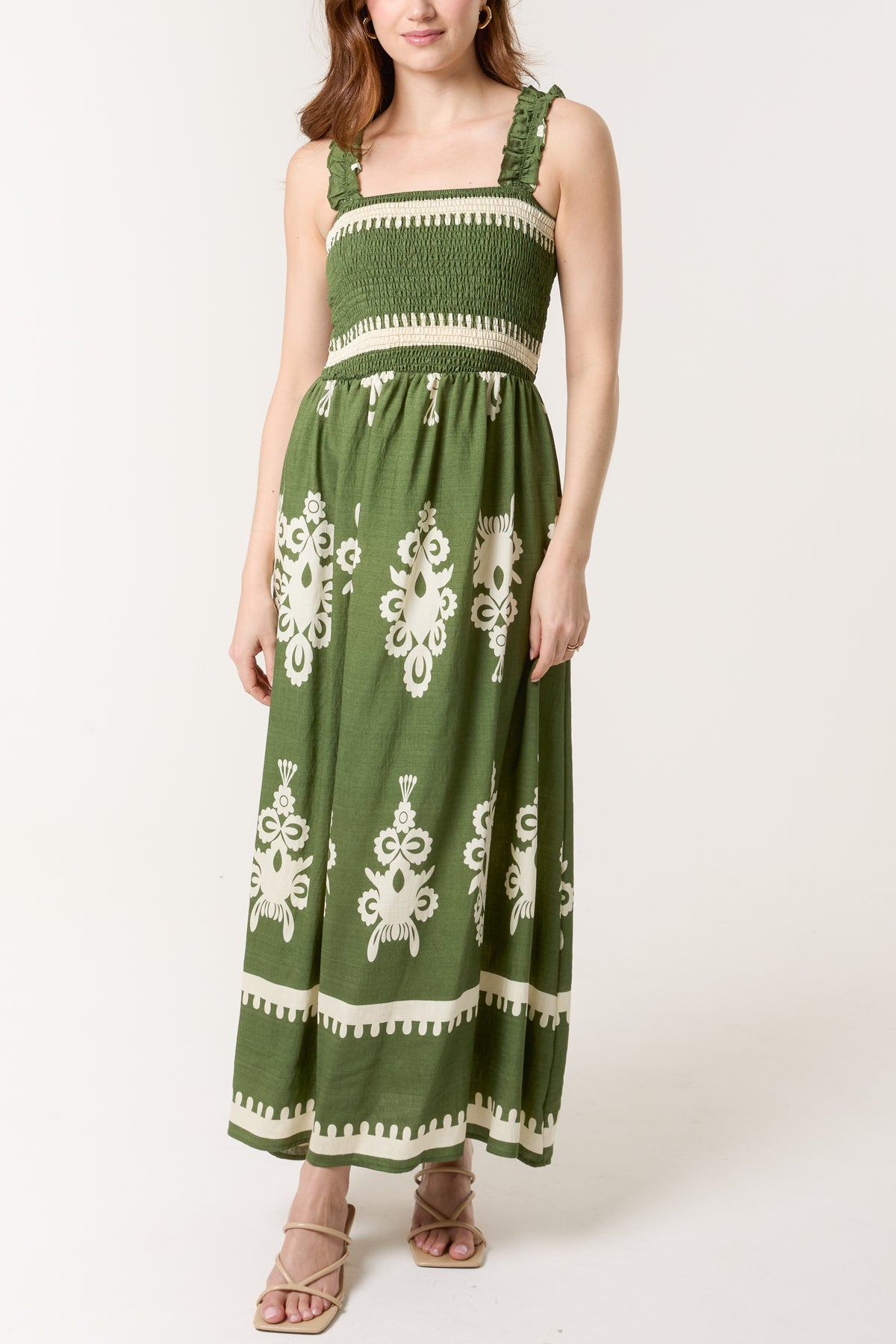 Printed Shirred Bodice Maxi Dress