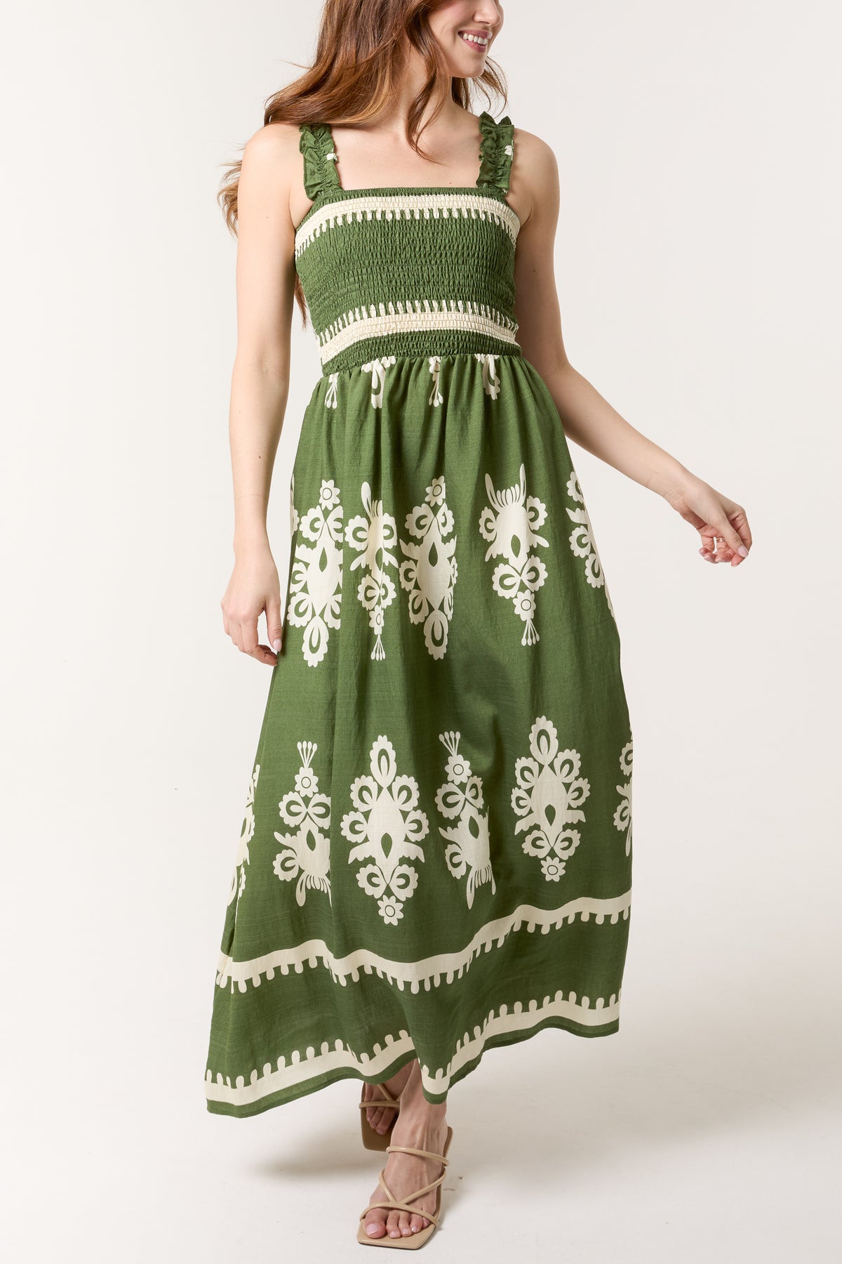 Printed Shirred Bodice Maxi Dress