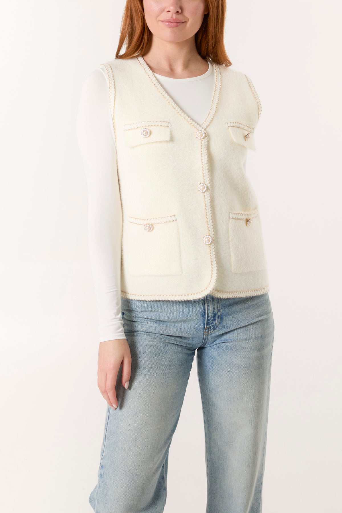 Pearl Button Embellished Knit Vest