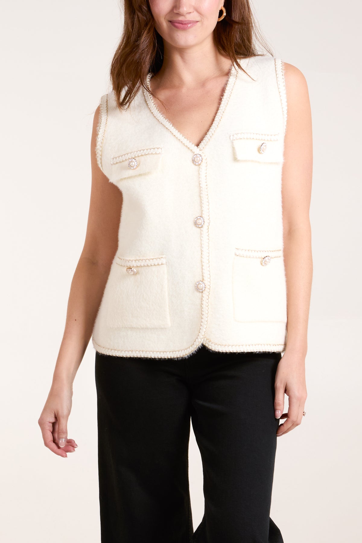 Pearl Button Embellished Knit Vest