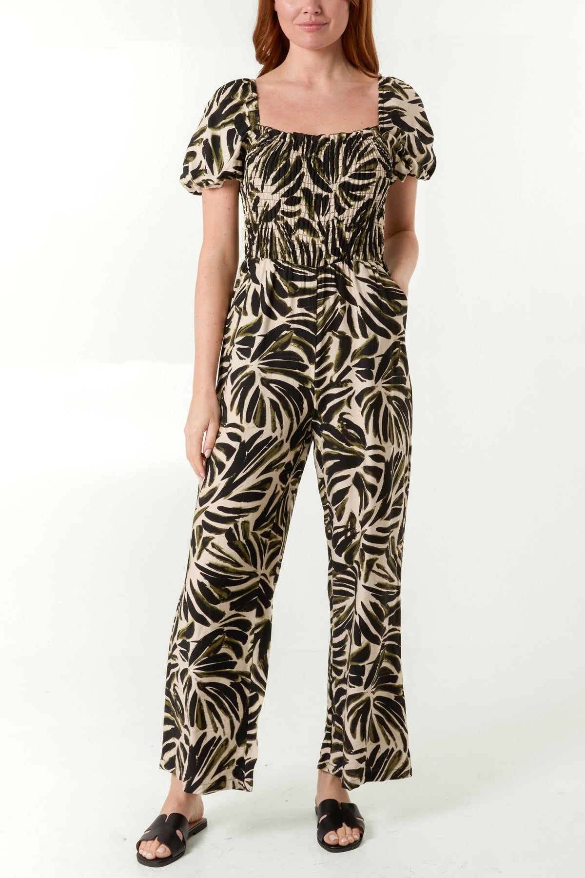 Leaf Print Puff Sleeve Jumpsuit