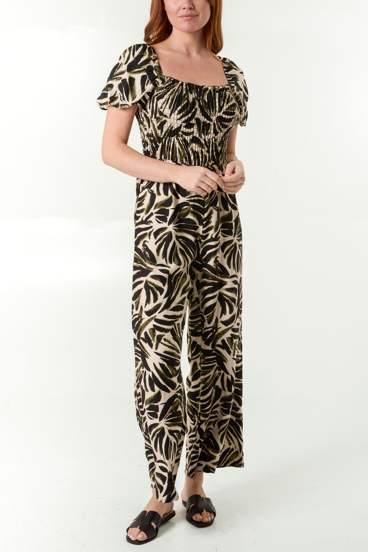 Leaf Print Puff Sleeve Jumpsuit