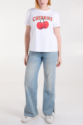 'Cherries' Embellished Print T-Shirt