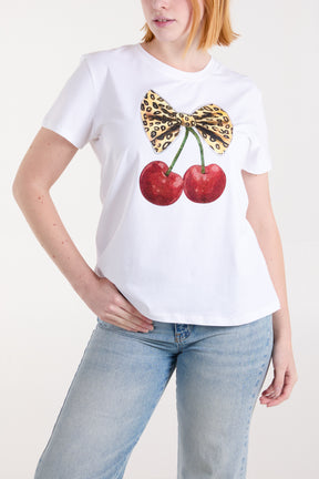 Leopard Bow Cherry Print T-Shirt