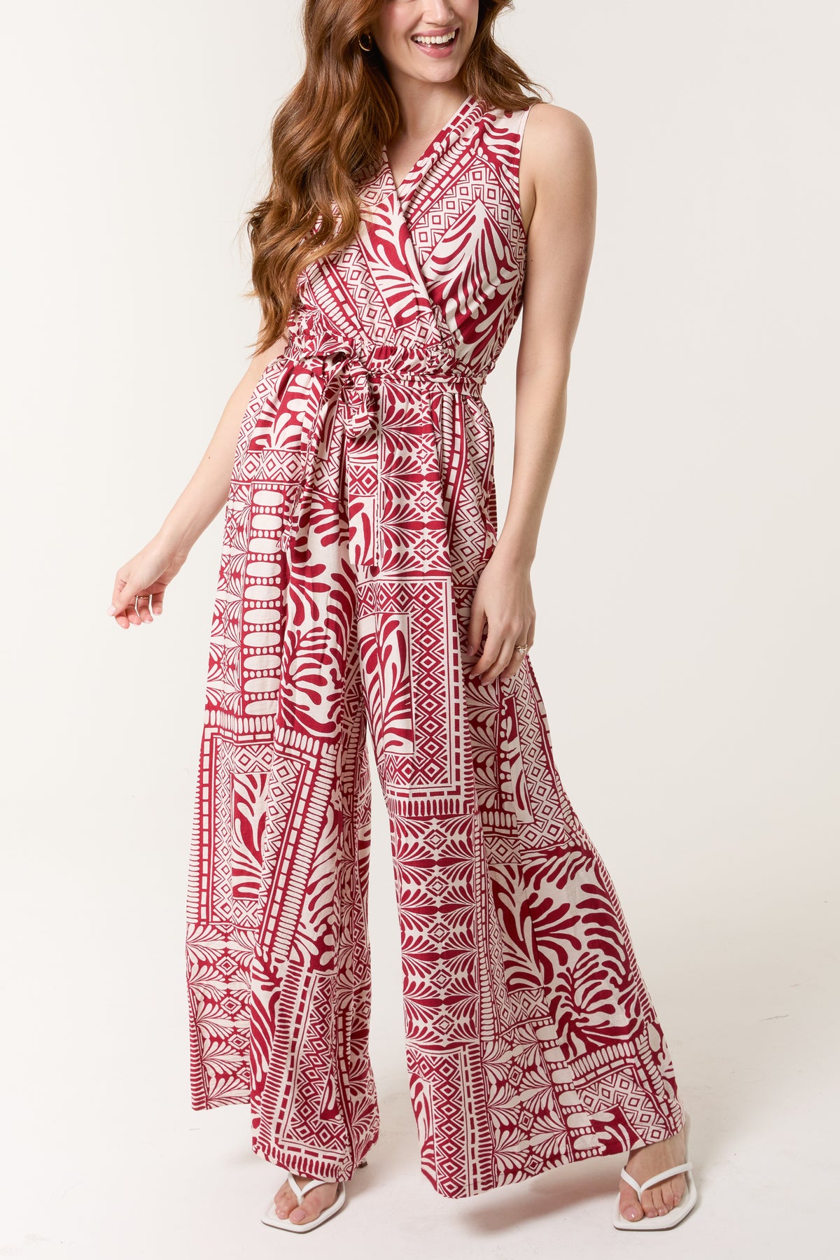 Mixed Print Wrap Front Jumpsuit