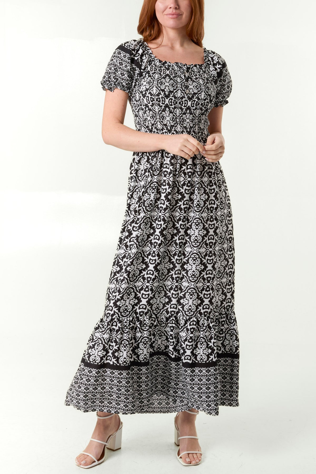 Ikat Print Shirred Bust Maxi Dress