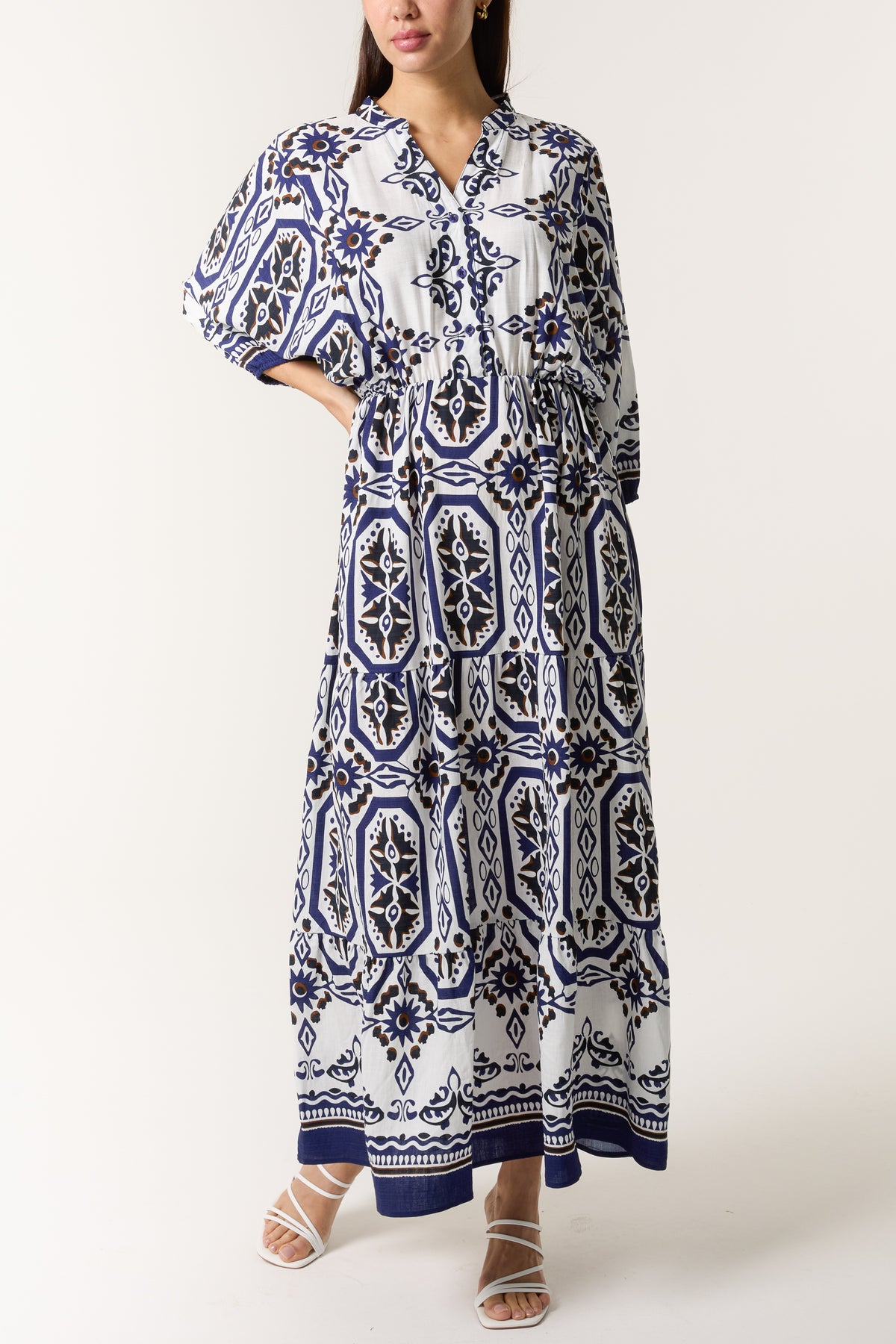 Mosaic Print Collar Smock Maxi Dress