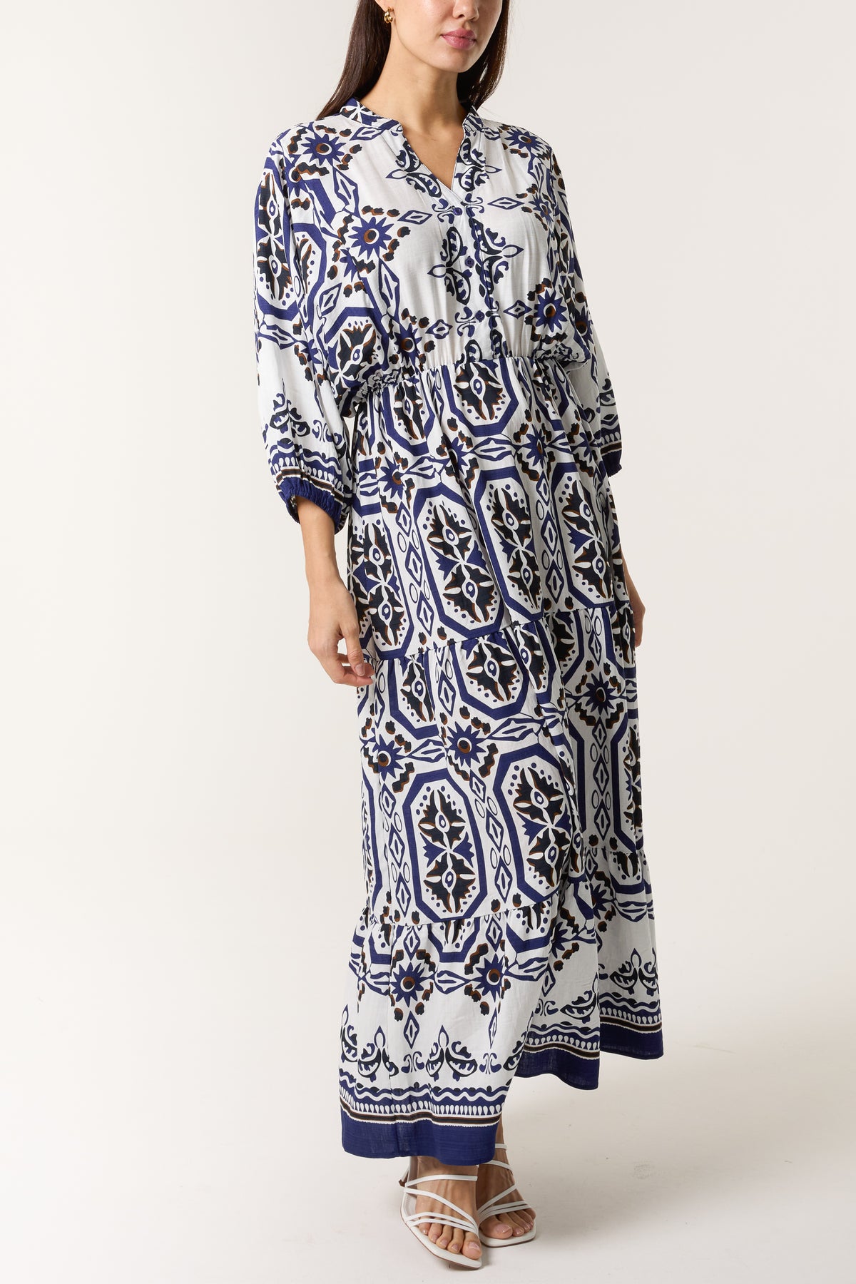 Mosaic Print Collar Smock Maxi Dress