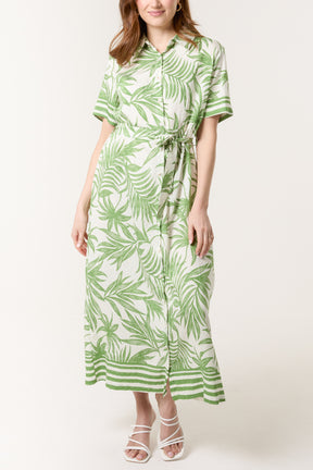 Tropical Leaf Print Button-Through & Belt Dress