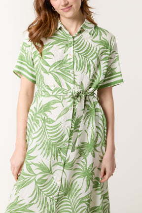 Tropical Leaf Print Button-Through & Belt Dress