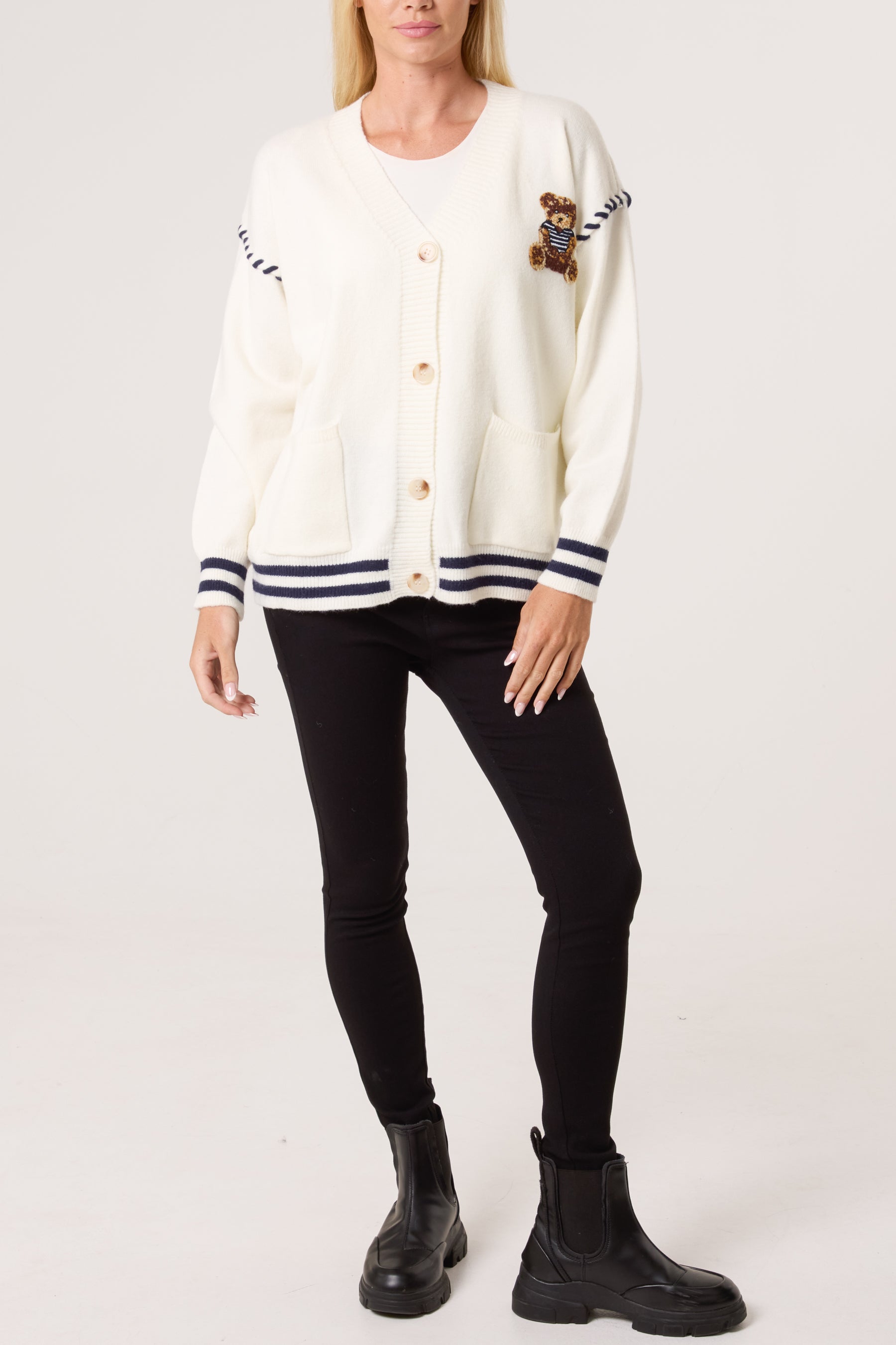 Embroidered Striped Bear Varsity Cardigan