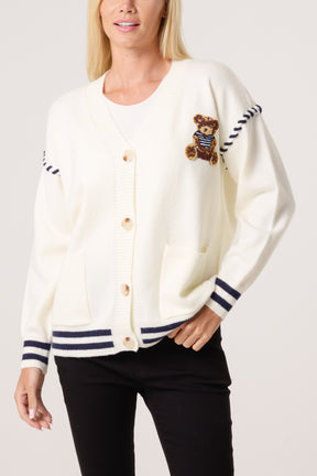 Embroidered Striped Bear Varsity Cardigan