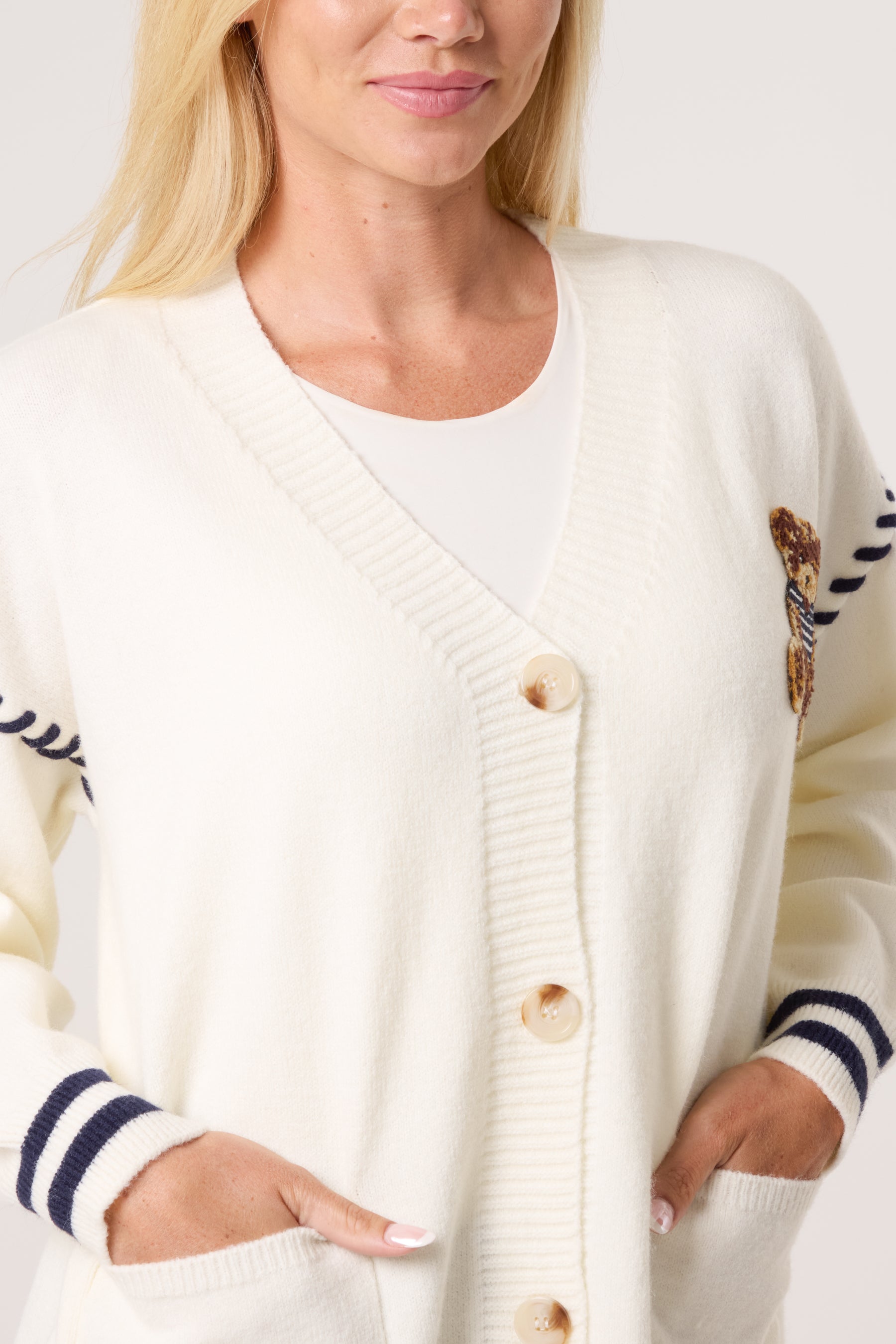 Embroidered Striped Bear Varsity Cardigan