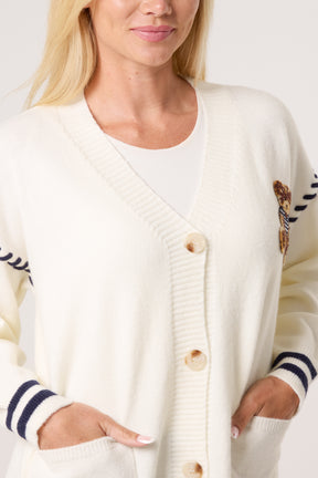 Embroidered Striped Bear Varsity Cardigan