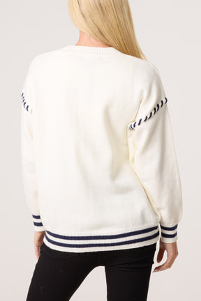 Embroidered Striped Bear Varsity Cardigan