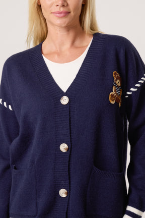 Embroidered Striped Bear Varsity Cardigan
