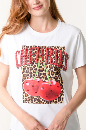 'Cherries' Embellished Leopard Print T-Shirt