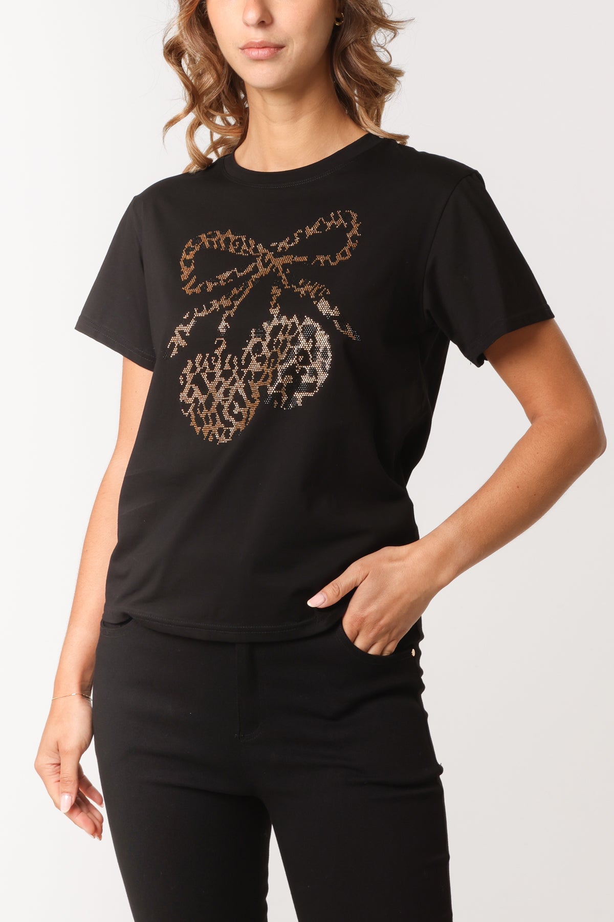 Embellished Leopard Pattern Cherry & Bow T-Shirt
