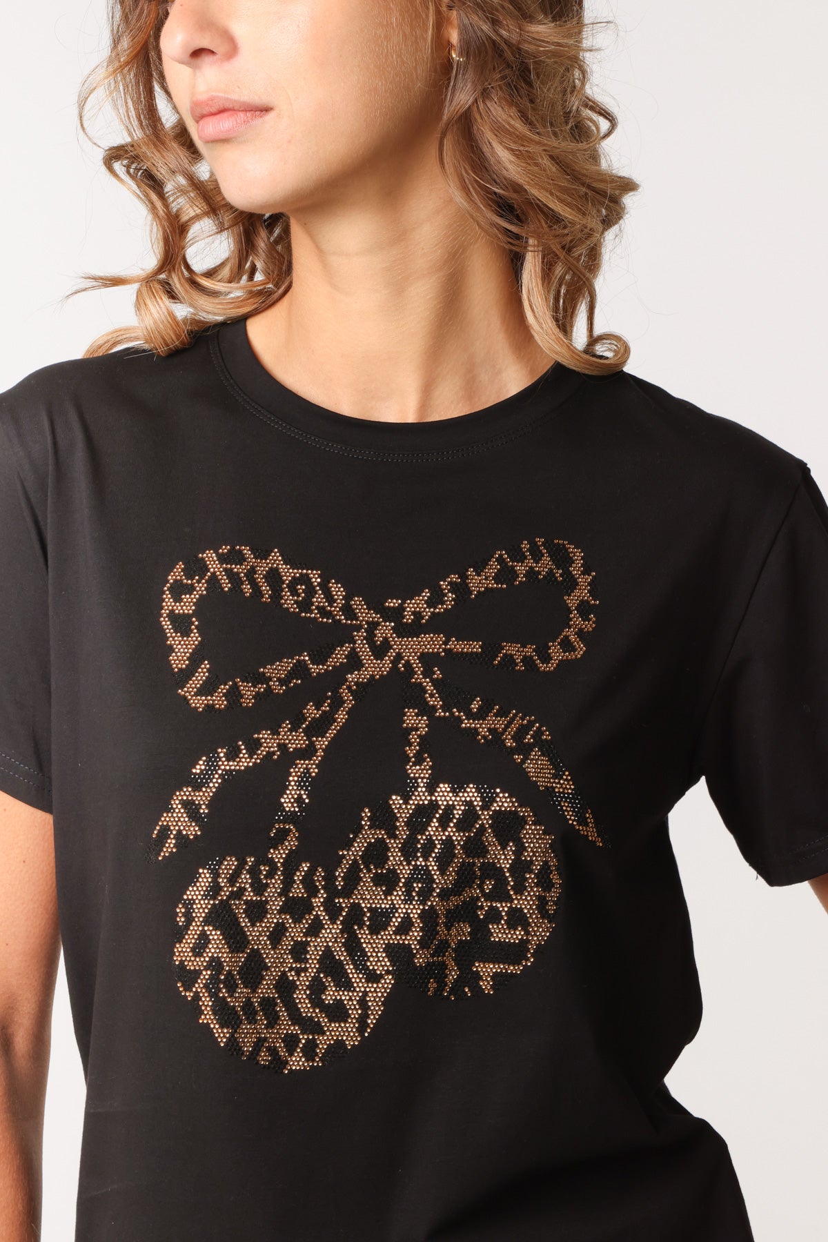 Embellished Leopard Pattern Cherry & Bow T-Shirt
