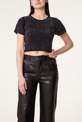 Diamante Round Neck Cropped Fine Guage Jumper