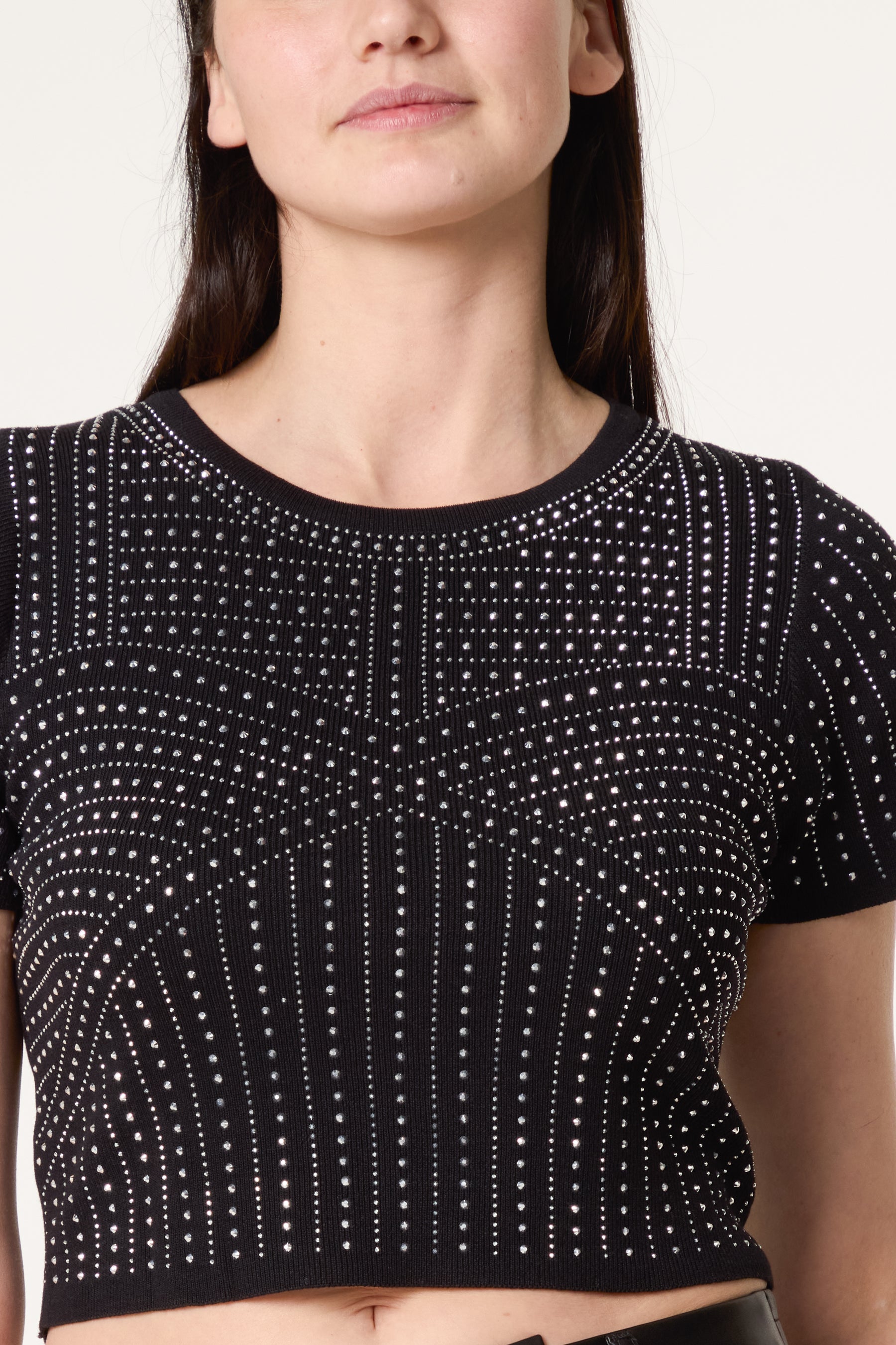 Diamante Round Neck Cropped Fine Guage Jumper