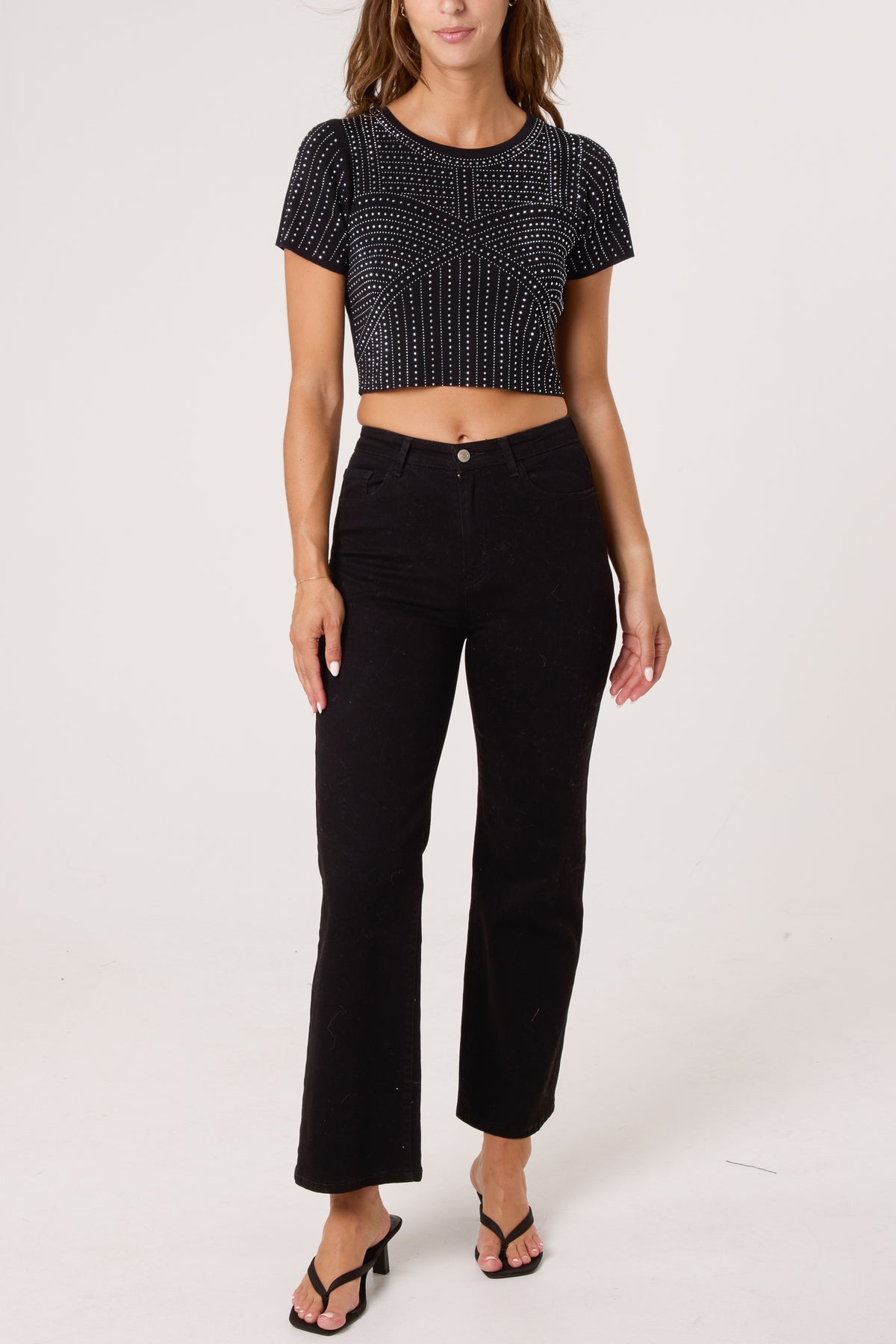 Diamante Round Neck Cropped Fine Guage Jumper