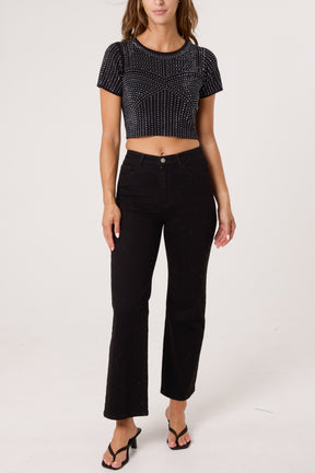 Diamante Round Neck Cropped Fine Guage Jumper