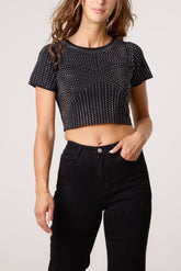 Diamante Round Neck Cropped Fine Guage Jumper