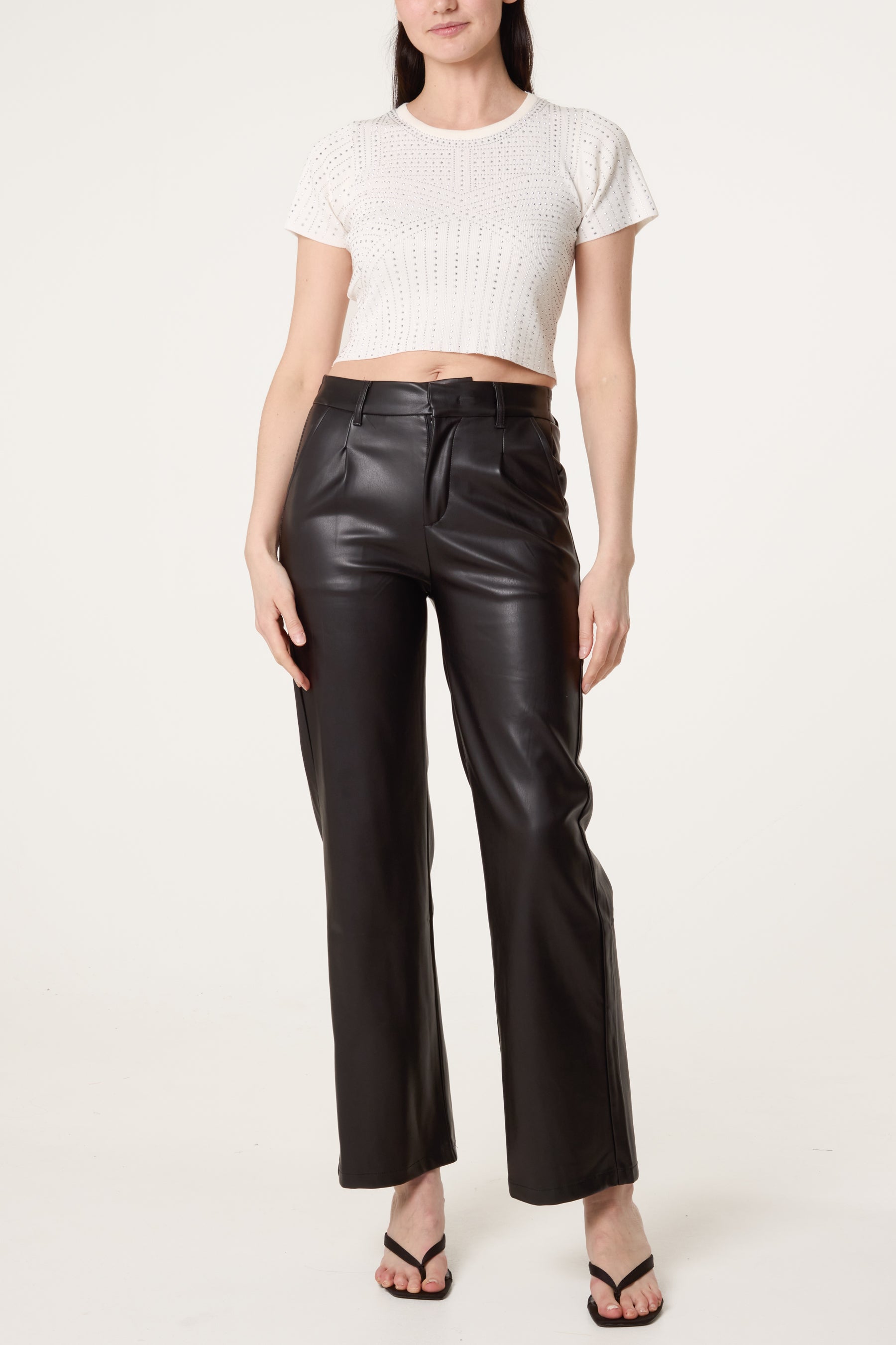 Diamante Round Neck Cropped Fine Guage Jumper