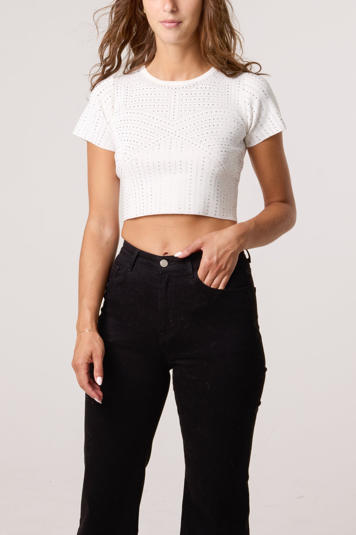 Diamante Round Neck Cropped Fine Guage Jumper