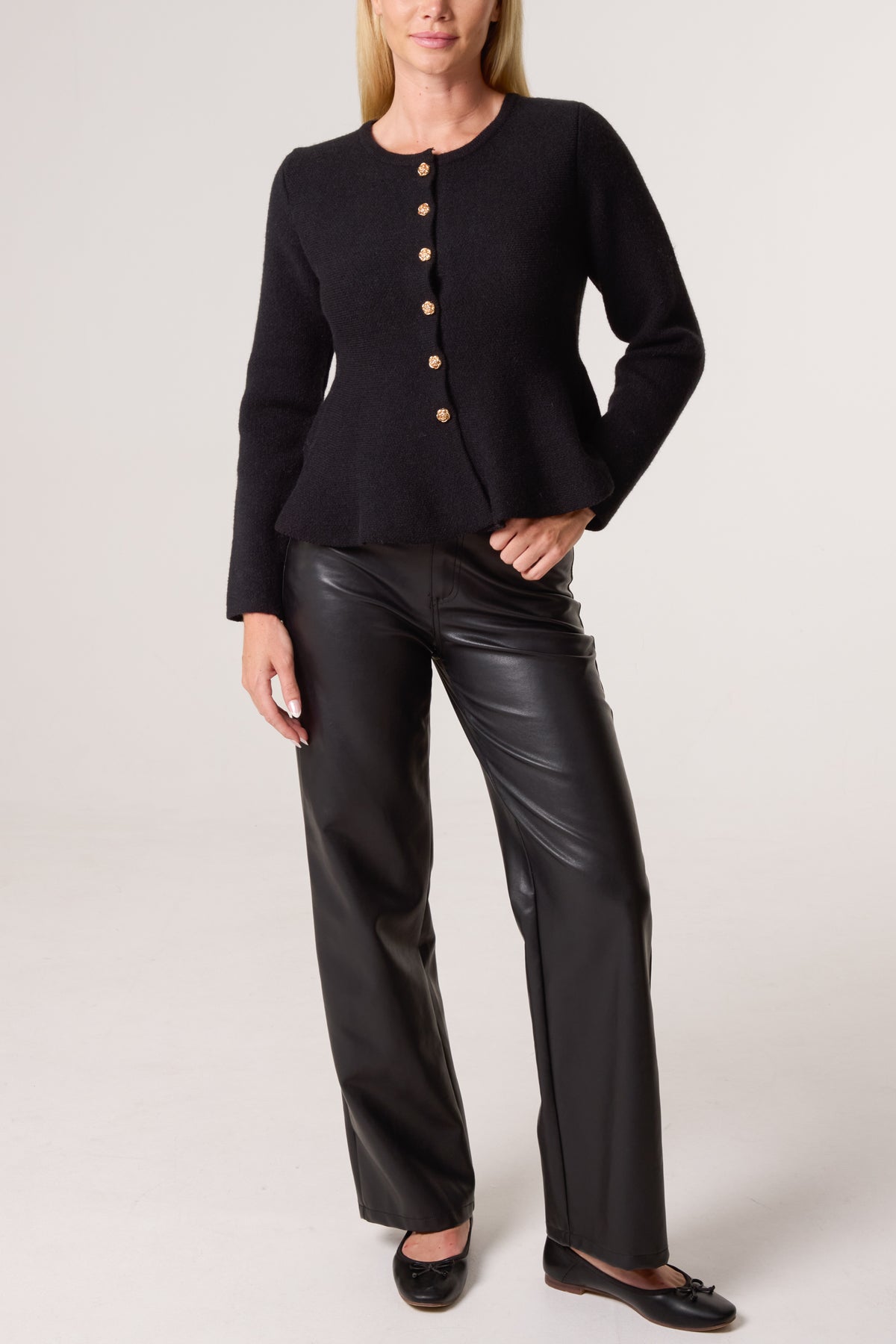 Gold Flower Button Peplum Cardigan