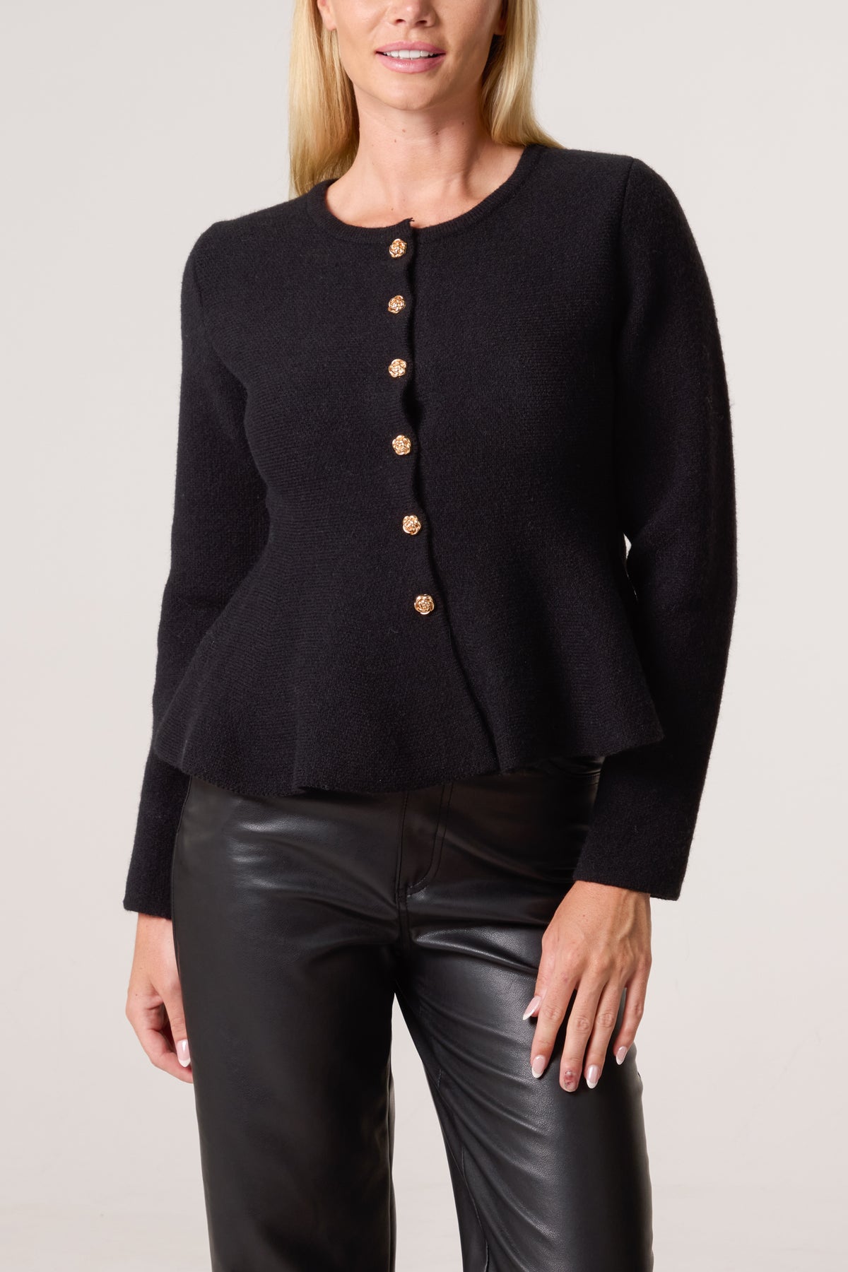 Gold Flower Button Peplum Cardigan