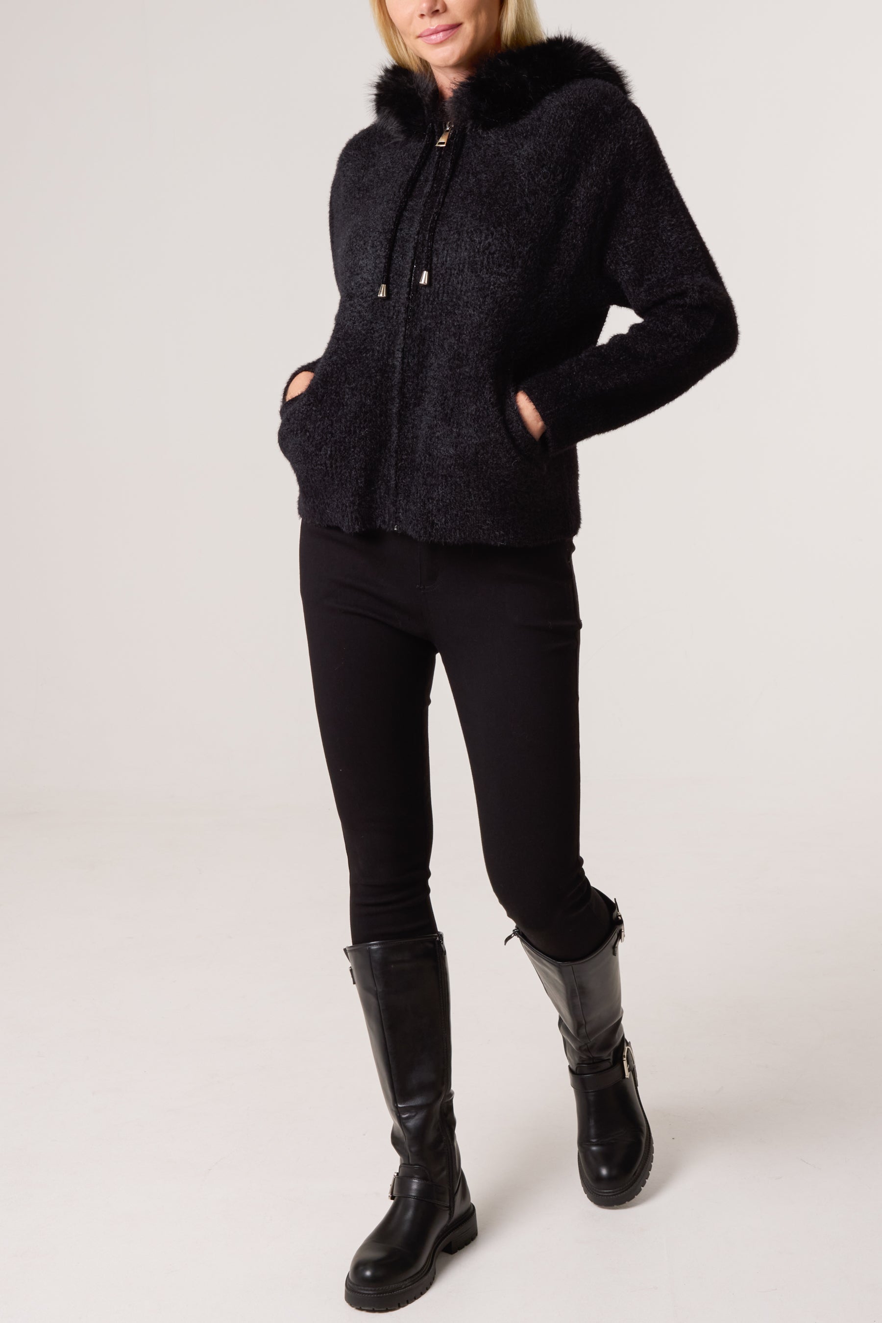 Zip Up Fur Trim Chenille Hairy Hoodie