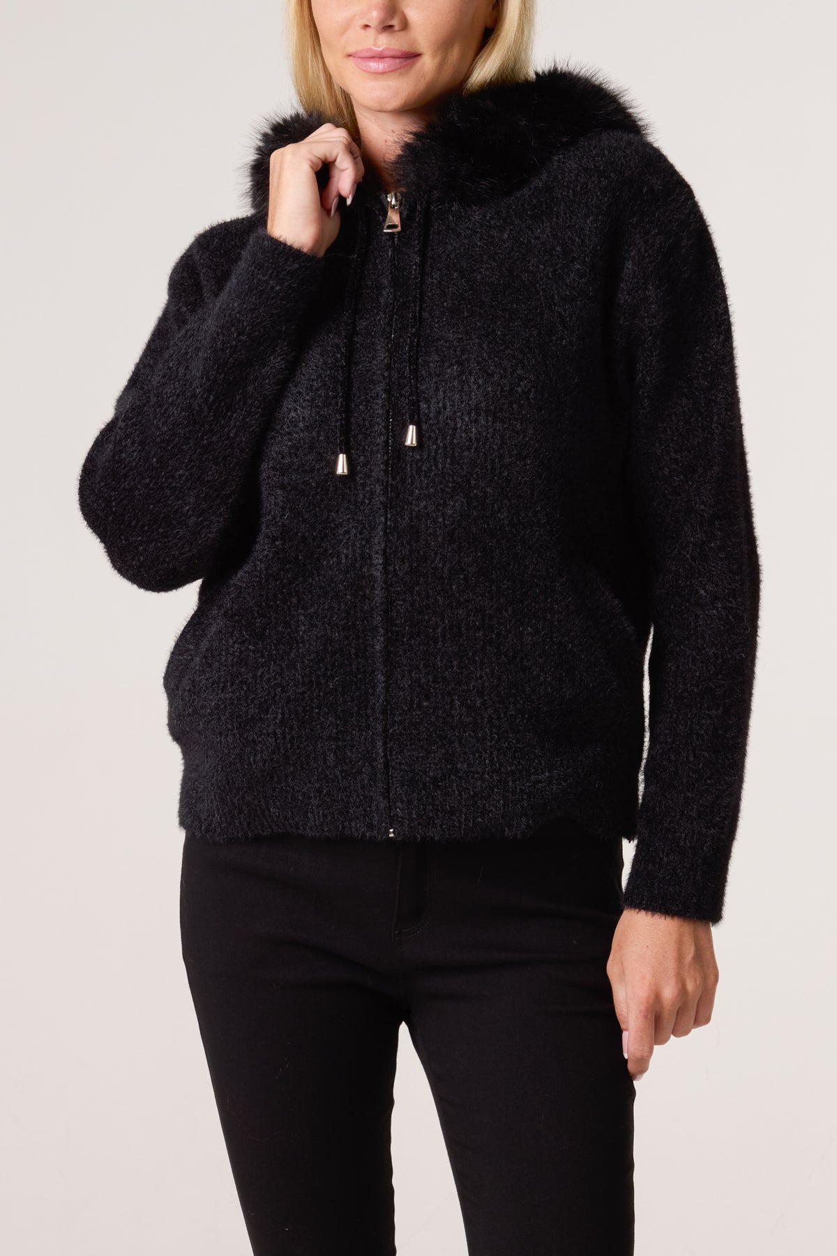 Zip Up Fur Trim Chenille Hairy Hoodie