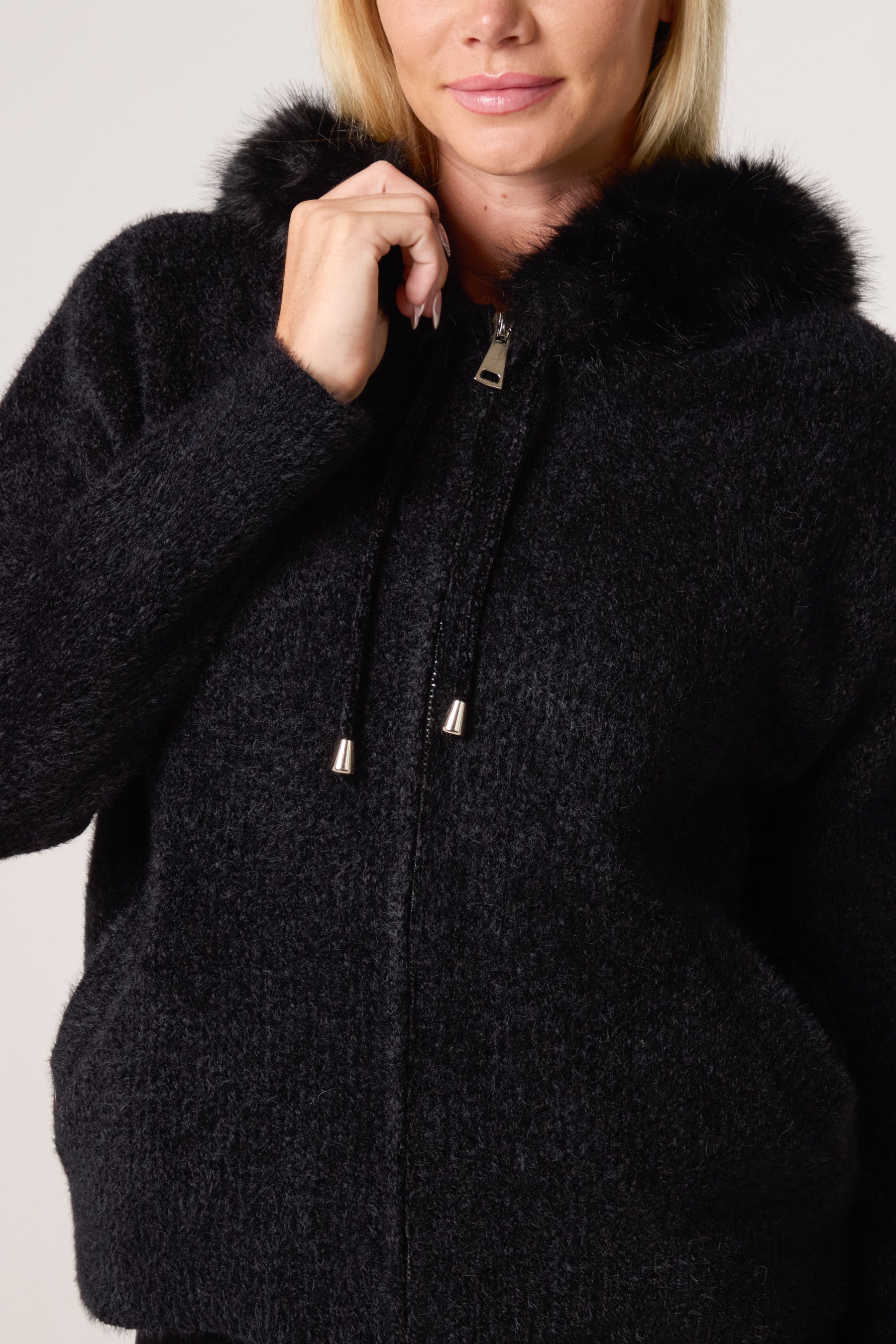 Zip Up Fur Trim Chenille Hairy Hoodie